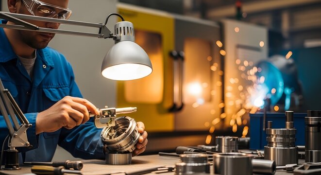 Professional Machinist Measuring Precision Metal Part in Factory