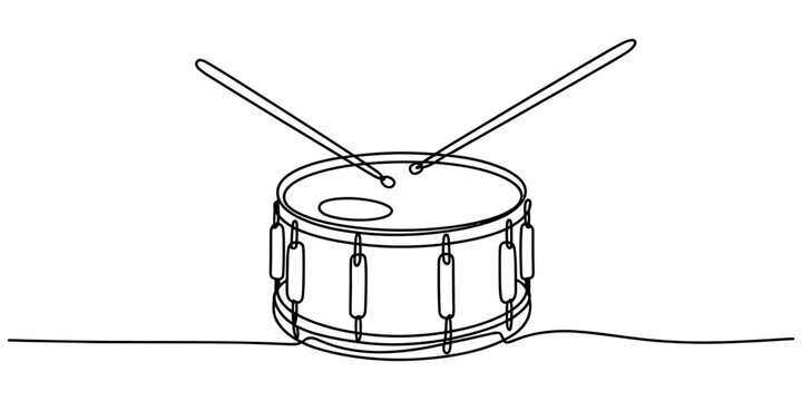 A single continuous line drawing of a snare drum with two drumsticks resting on the drum head Vector, illustration