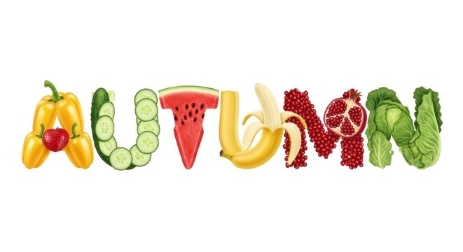 Fruit letters spelling out the word 'AUTUMN' with various fruits and vegetables.