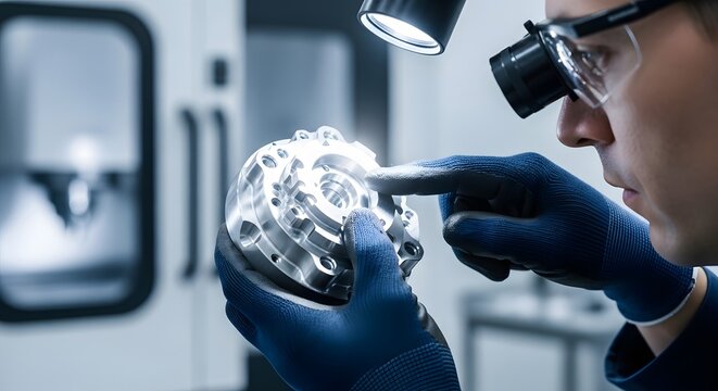 Quality Control Technician Inspecting Machined Metal Part in Factory