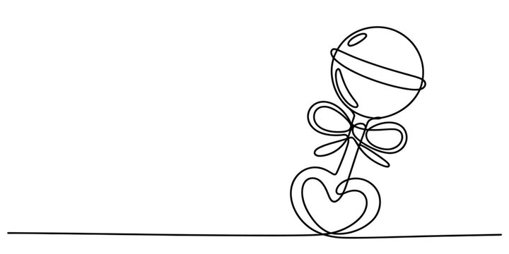 A single continuous line drawing of a baby rattle with a heart shape and a decorative ribbon bow Vector, illustration
