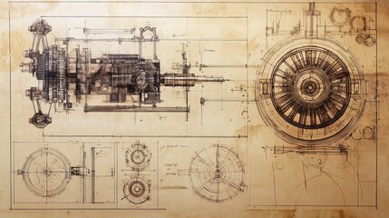 Fototapeta premium Intricate blueprints showcase the mechanical components of an engine, highlighting the blend of creativity and technical skill. This artwork pays homage to the fascinating world of engineering