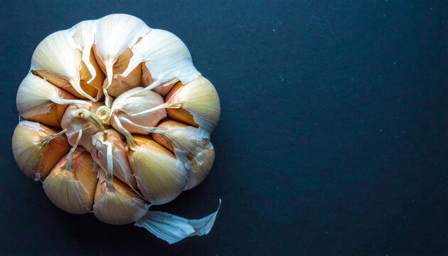 Top View Of A Whole Garlic Bulb With Peeled Outer Layers On Dark Surface ingredient