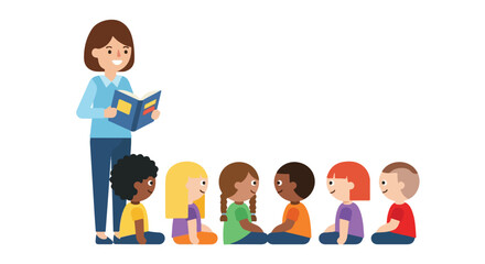 A smiling female teacher stands reading a book to a group of six diverse children sitting on the floor in this flat vector illustration. © Ahmad
