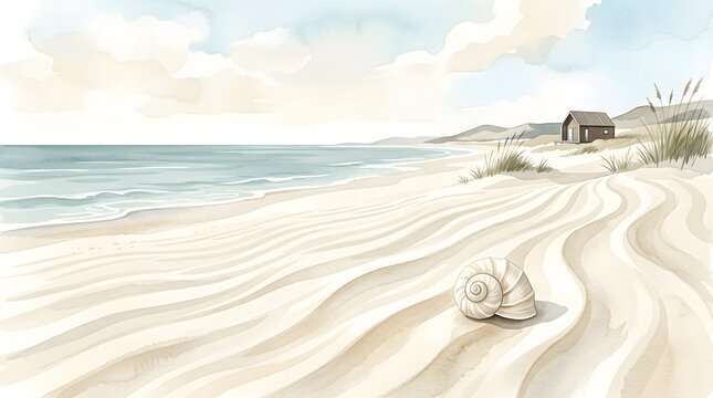 Detailed natural spiral seashell resting upon soft rolling dunes of white sand beside the calming ocean waves under a bright summer sky painted in beautiful watercolor style.