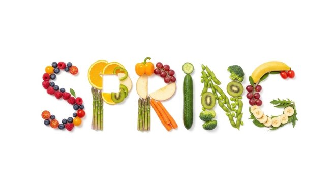 Fruit letters spelling out the word 'Spring' made from various fruits and vegetables.