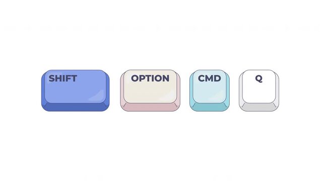 Shift Option CMD Q keyboard shortcut keys animation. Immediate logout. Instant log out. System exit shut down. Animated hotkey combo buttons click for pc, laptop. 4K video. Computer press action