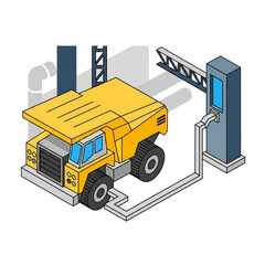 Isometric Illustration of a Mining Dump Truck Refueling at a Station. © Putra