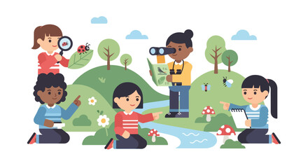A group of curious children explore a vibrant natural landscape, observing insects, flowers, and a stream using binoculars and a magnifying glass. © Ahmad