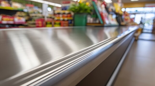 Brushed aluminum checkout counter surface in a retail store reflecting products and lights