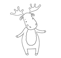 Fototapeta premium Cute cartoon moose outline, simple black doodle style for kids illustration. Funny forest animal character, hand drawn vector for coloring page isolated on white background