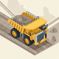 Isometric Illustration of a Yellow Mining Dump Truck Carrying Rocks. © Putra