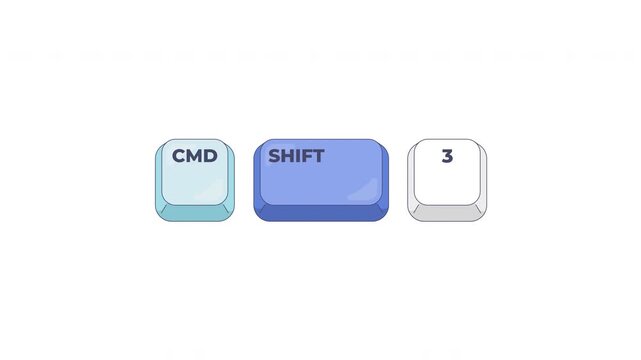 Command Shift 3 keyboard shortcut keys animation. Entire screen screenshot tool. Display image capture fully. Animated hotkey combo buttons click for pc, laptop. 4K video. Computer press action