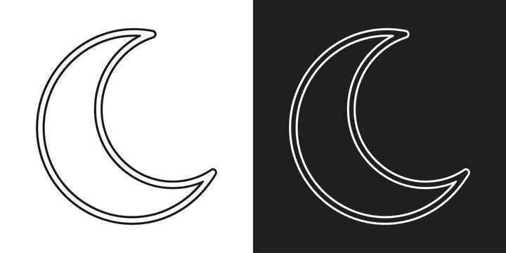 Minimalist Line Art Crescent Moon Icon, Black and White Vector Illustration, Isolated on White and Black Backgrounds