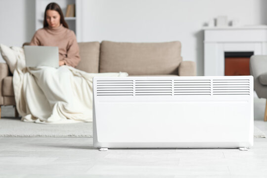Young woman with laptop sitting on sofa near modern radiator at home