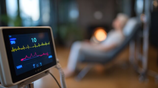 Focused image of heart rate display screen with seated user slightly out of focus capturing serene environment of biofeedback station.