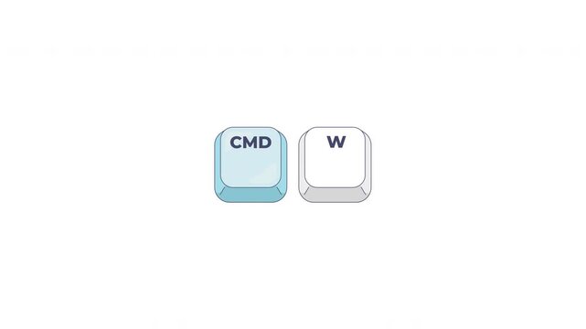 Command W keyboard shortcut keys animation. Close active window, document. Quit current tab. Application control. Animated hotkey combo buttons click for pc, laptop. 4K video. Computer press action