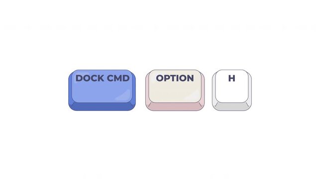 Dock CMD Option H keyboard shortcut keys animation. Hide all open applications except active one. Minimize window. Animated hotkey combo buttons click for pc, laptop. 4K video. Computer press action
