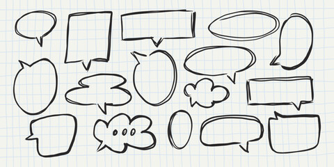 Fototapeta premium hand drawn speech bubble collection with doodle style chat shapes including cloud balloon comic textbox and dialog frames. abstract line art set