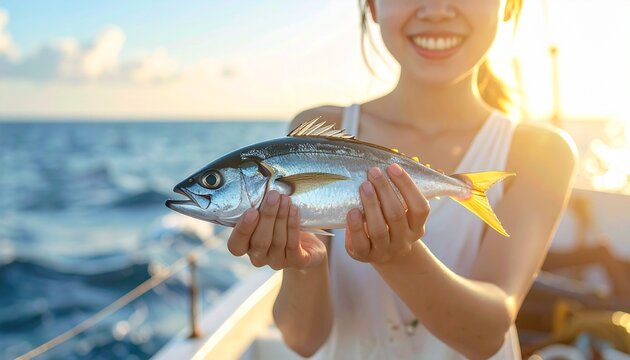 釣り船の上で新鮮な魚を両手に持って微笑む女性と明るい海の背景