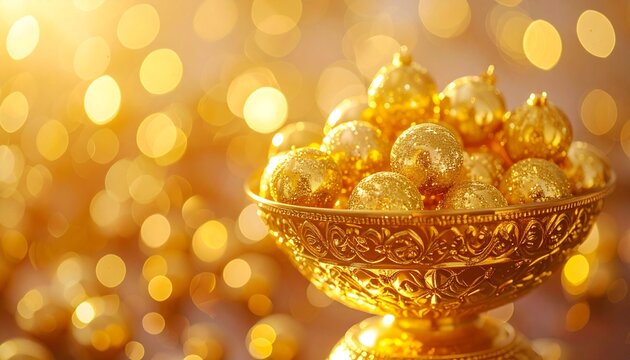 A radiant golden bowl brimming with luminous spheres, symbolizing prosperity, festivity, and the timeless allure of abundance, luxury, and collective joy.