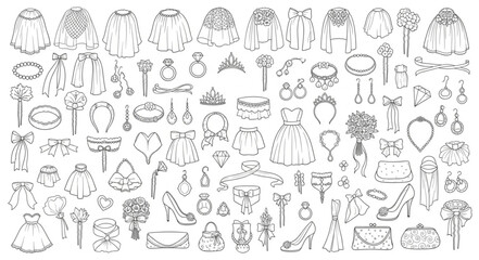 Obraz premium Collection of various jewelry and clothing sketches in black and white.