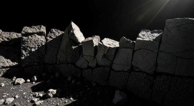 Jagged fractured basaltic rock formation exposed on a dark, shadowed rim with sunlight breaking through