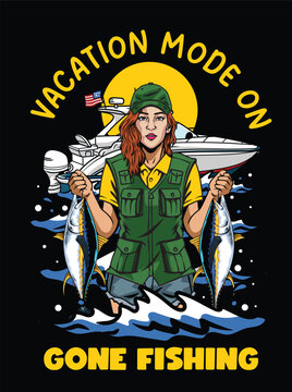 Vacation mode on illustration featuring a woman fisherman with caught fish and a fishing boat