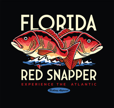 Detailed illustration of two red snapper fishes jumping in the ocean for Florida fishing apparel