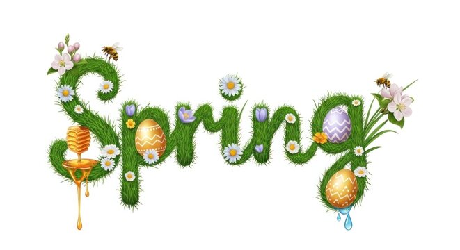 A green, grassy 'Spring' sign with flowers, eggs, and bees.
