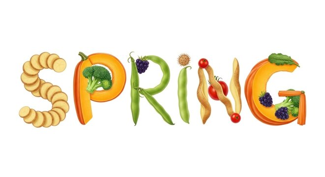 Fruit and vegetable letters forming the word 'Spring'