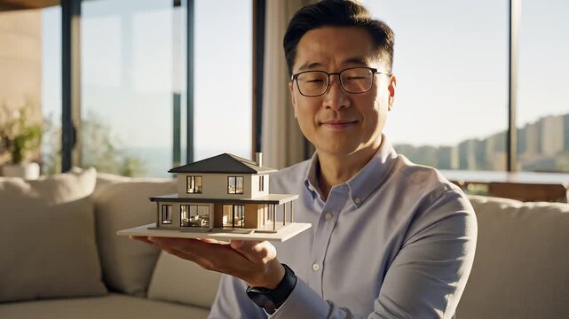 Asian man in glasses holding a detailed scale model of a modern two-story house in a brightly lit living room, representing home insurance, real estate investment, and architectural planning.