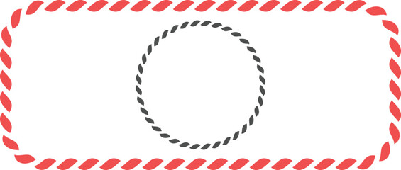 Red twisted rope rectangular border frame with a centered dark gray circular rope ring © farhanatisha