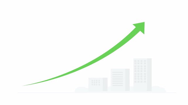 Curved green arrow rising above city buildings representing business growth and financial progress in flat 2d vector Alpha channel style, transparent background
