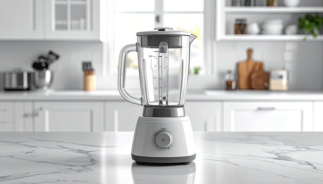 Modern electric blender appliance on marble kitchen countertop for smoothie preparation and healthy cooking in bright home setting