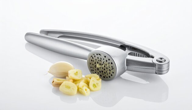 Silver garlic press crushing fresh garlic cloves on reflective surface for culinary use and flavor enhancement in cooking