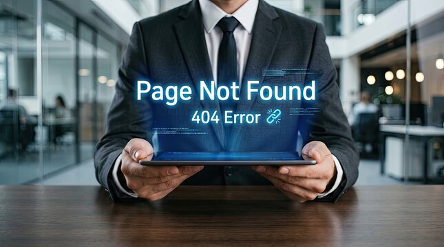 Businessman holding tablet with 404 error message on holographic screen.