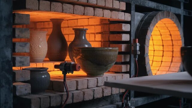 Medium shot focused on energy optimization in a ceramic kiln with sensors tracking power usage and adjusting firing parameters to enhance efficiency using a digital twin system.