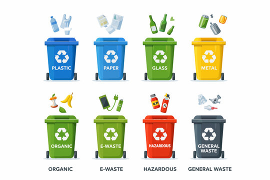 Eight colorful recycling bins for sorting different types of waste like plastic, paper, glass, metal, organic, e-waste, hazardous, and general waste.