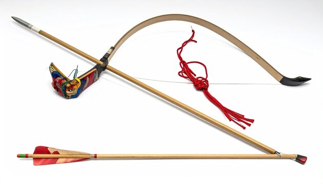 Traditional archery set with wooden bow arrows and decorative quiver on a white background studio shot for historical recreation