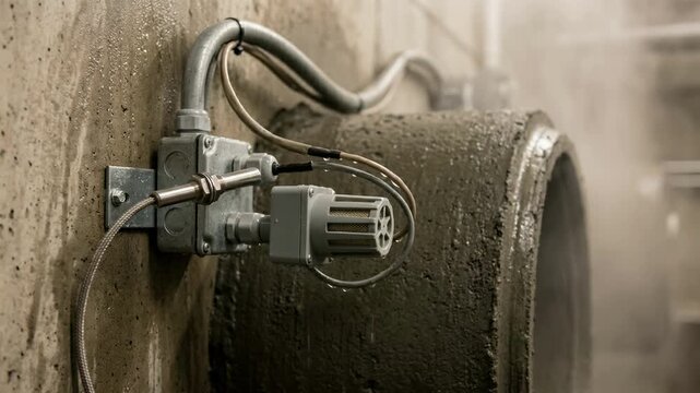 Close framing on sensors mounted inside a steam curing chamber focusing on technology monitoring humidity and temperature around curing concrete pipes.