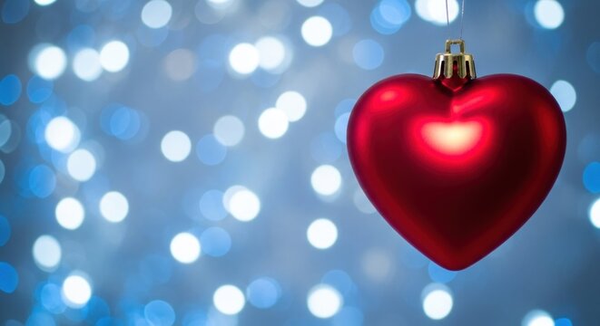 A red heart-shaped ornament hanging against a blue bokeh background.
