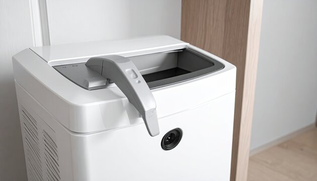 White countertop ice maker machine with gray handle black outlet and visible vents against a neutral interior wall for modern convenience
