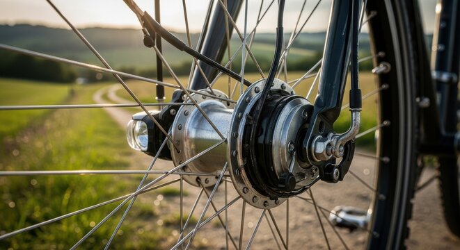 Detailed view of a dynamo hub integrated into a touring bicycle wheel, showcasing its lighting system in a rural outdoor setting
