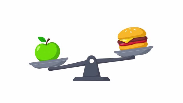 Balance scale comparing apple and burger representing healthy and unhealthy choices in flat 2d vector Alpha channel style, transparent background
