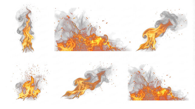 A captivating collection of six dynamic fire and smoke effects with flying sparks isolated on a transparent background.