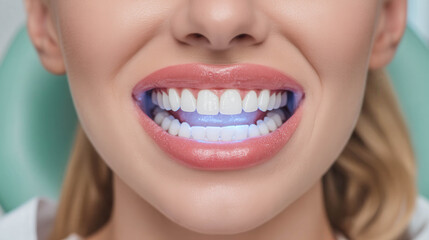 Bright smile reveals perfect, white teeth. Pink lips gleam with natural gloss and joy. Face close-up emphasizes freshness and confidence. Ideal for dental, beauty, or health-related content