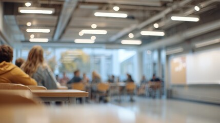Fototapeta premium Medium shot capturing new LED panels casting even light on a classroom whiteboard with students and seating area subtly out of focus.