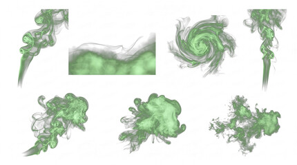Fototapeta premium A collection of abstract green and grey smoke or fluid patterns, dynamically swirling and flowing.