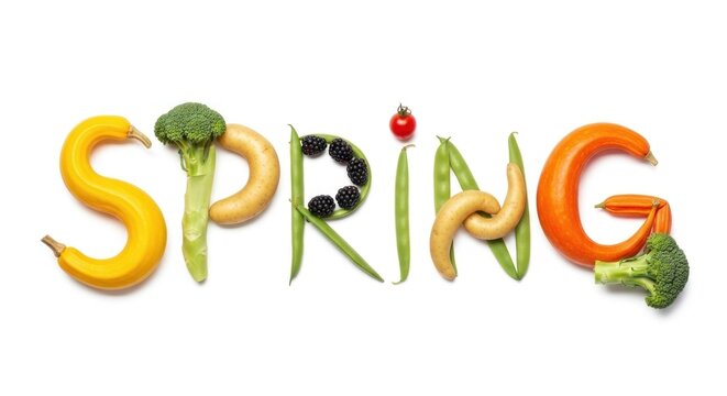 The word 'SPRING' spelled out with vegetables and fruits on a white background.